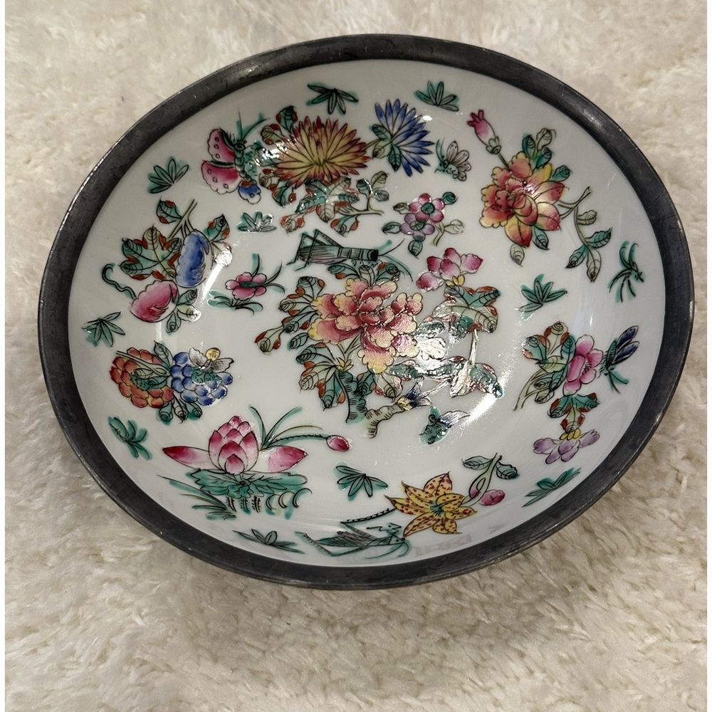 Vintage Estate Japanese Porcelain Ware Pewter Encased Bowl Handpainted Hong Kong
